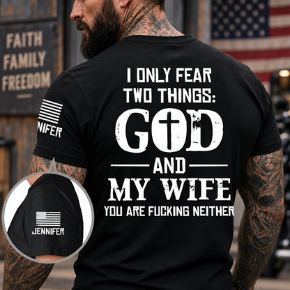 Personalized Dual Print Classic Tee, Bold God and Wife Quote with Sleeve Detail, Unique Gift for Husband