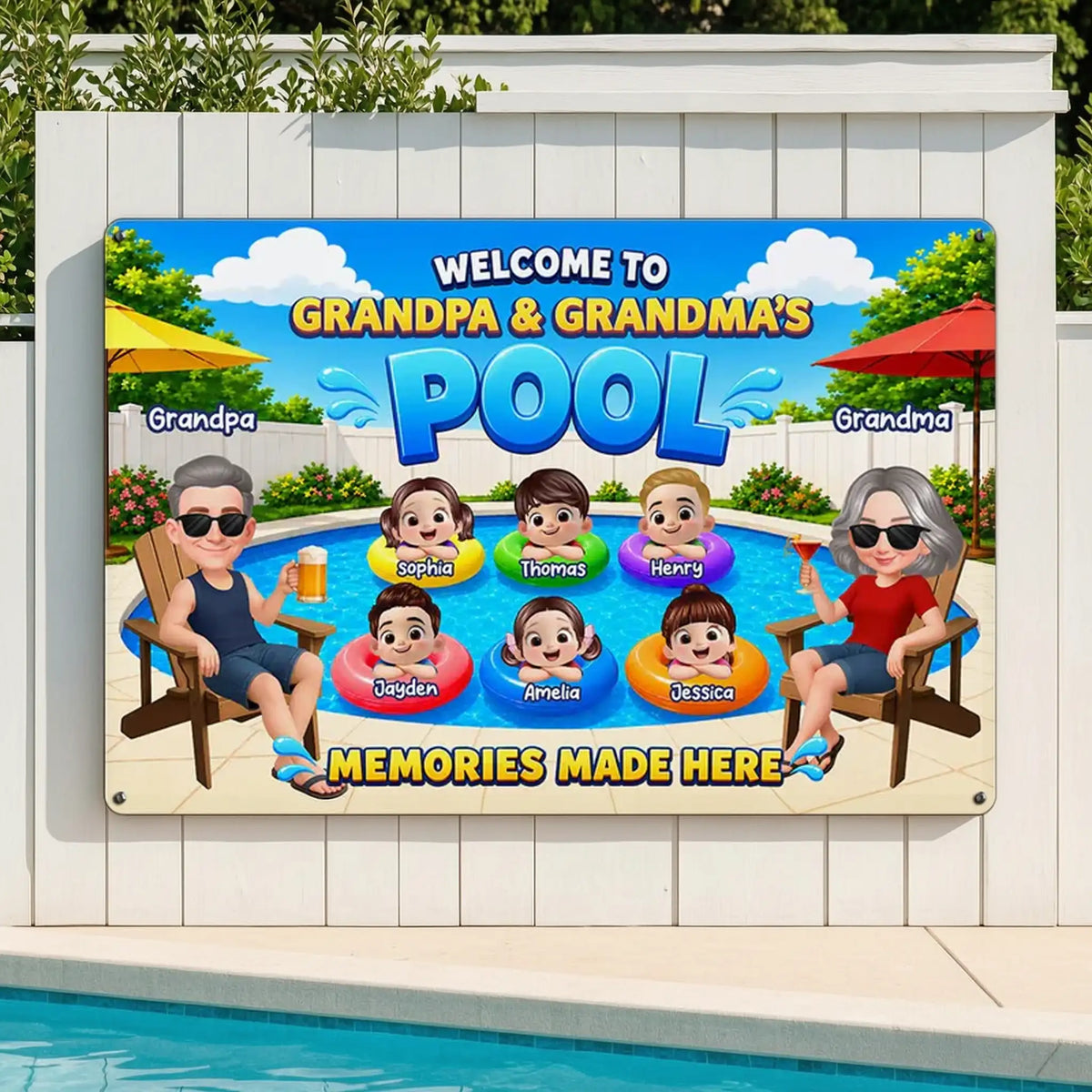 Personalized Rectangular Iron Sign, Memories Made Here Pool Decor, Creative Gift for Grandma & Grandpa