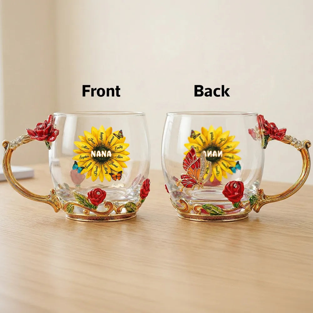 Personalized Enamel Flower Tea Cup with Sunflower Nana Design for Grandma - Unique Custom Gift for Her