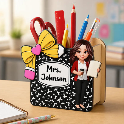 Personalized Wooden Pen Holder, Cute Cartoon Teacher Desk Organizer, Unique Creative Gift for Teacher