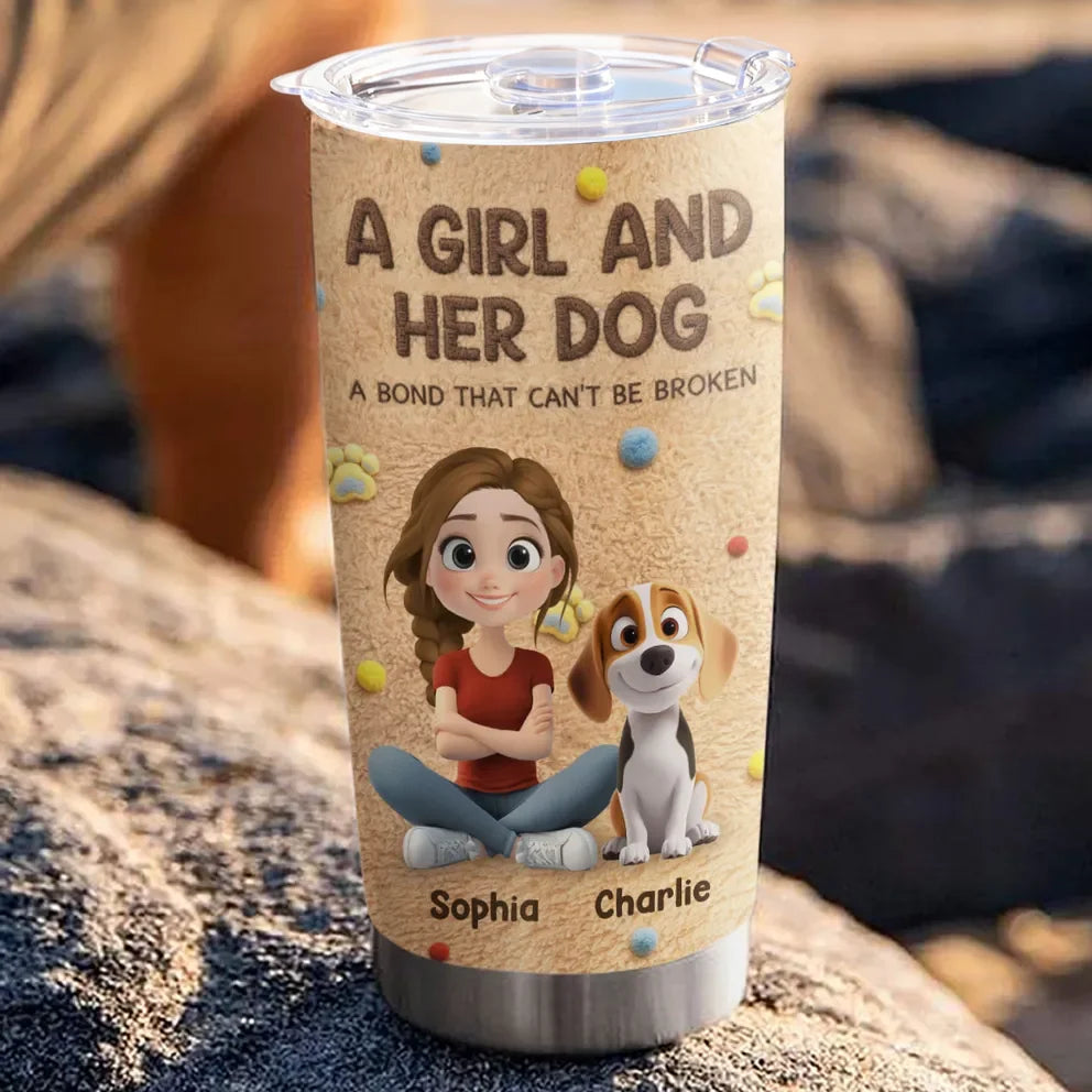 Personalized Insulated Travel Tumbler With Sitting Girl & Pets, Unique Gift for Pet Mom, Warm Cartoon Design