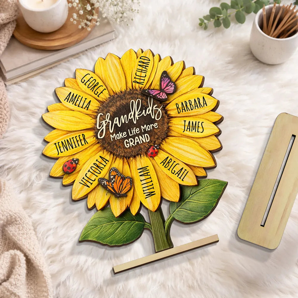 Personalized Sunflower 2-Layer Wooden Plaque for Grandma, Grandkids Make Life More Grand, Unique Gift for Her