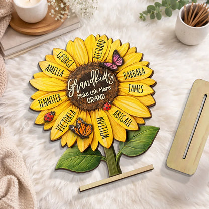 Personalized Sunflower 2-Layer Wooden Plaque for Grandma, Grandkids Make Life More Grand, Unique Gift for Her