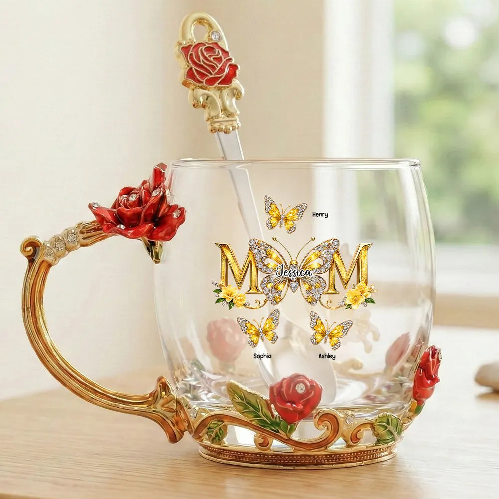 Personalized Enamel Flower Tea Cup with Butterfly Mom Monogram, Unique Gift for Mom, Warm Everyday Tea Moment