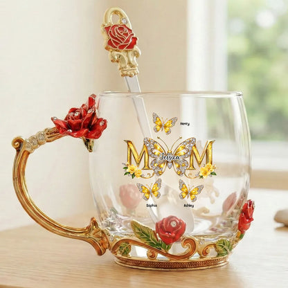 Personalized Enamel Flower Tea Cup with Butterfly Mom Monogram, Unique Gift for Mom, Warm Everyday Tea Moment