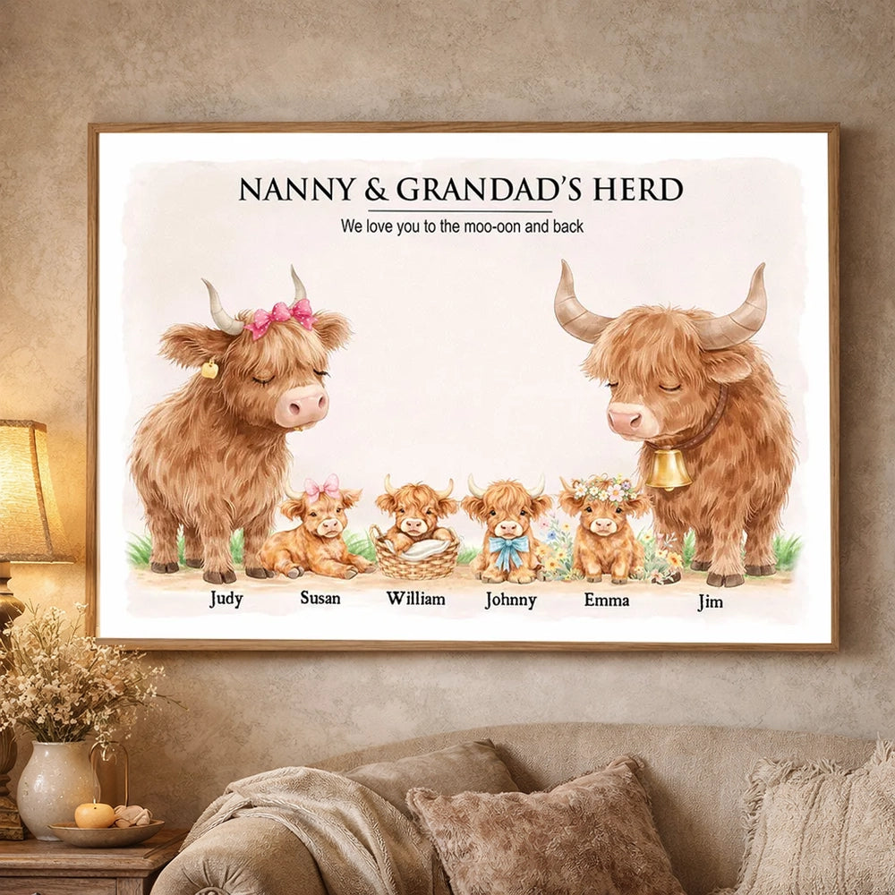 Personalized Highland Cow Family Poster, Nanny & Grandad's Herd Wall Art, Sweet Farm Nursery Decor, Unique Gift for Grandma & Grandpa