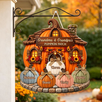 Whimsical Pumpkin Cottage Wooden Sign, Personalized Family Fall Decor, Creative Gift for Grandma & Grandpa