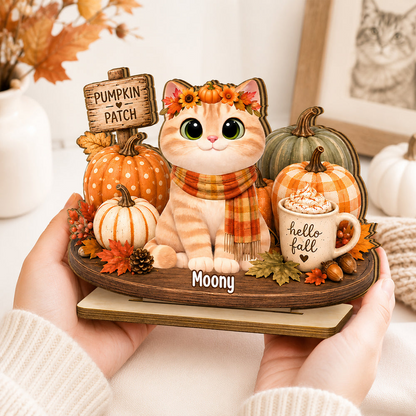 Personalized 2-Layer Wooden Plaque, Sitting Cat in Pumpkin Patch, Unique Fall Gift for Cat Lovers