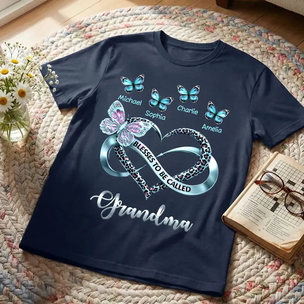 Personalized Grandma Classic Tee with Butterfly Names and Heart Design - Unique Mother's Day Gift