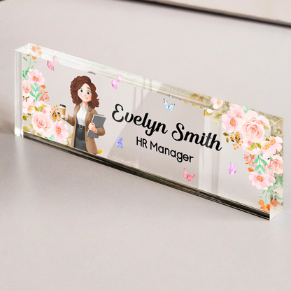 Personalized Rectangle Acrylic Block Plaque for Office Desk Decor – Custom Name Plate with Floral Art, Unique Gift for Coworkers & Boss