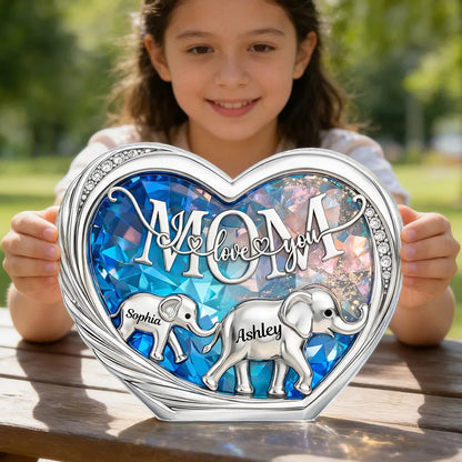 Personalized Shaped Acrylic Block Plaque with Elephant Family in Heart, 'Mom We Love You' Unique Gift for Mom