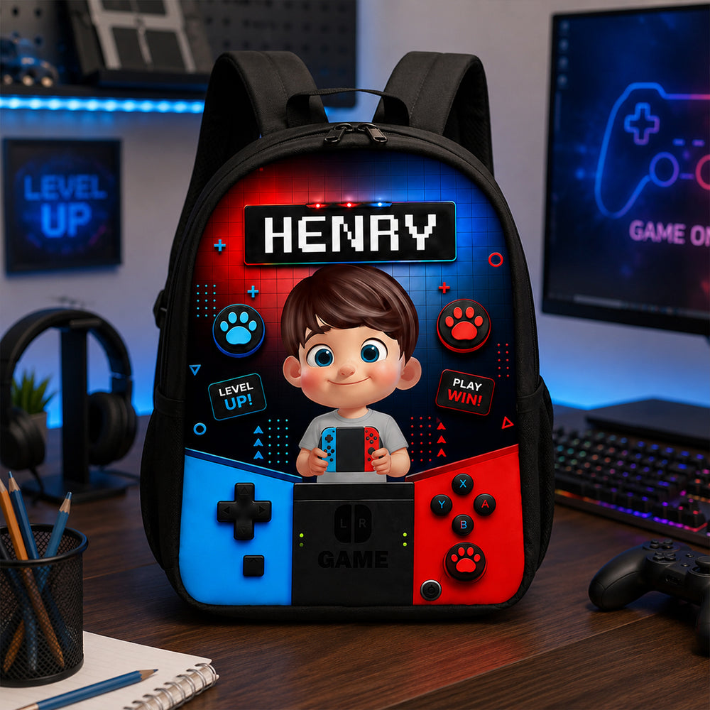Personalized Kids School Backpack, Cartoon Gamer Boy Holding Controller, Unique Gift for Kids