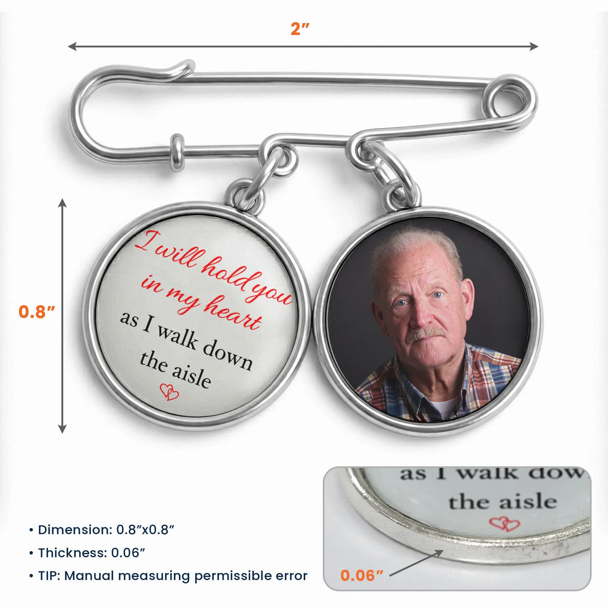 Personalized Alloy Charm Lapel Pin With Custom Photo - Wedding Day Memorial Gift, Hold You In My Heart