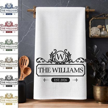 Personalized Kitchen Towel With Vintage Monogram, Unique Creative Gift For A Couple's New Home