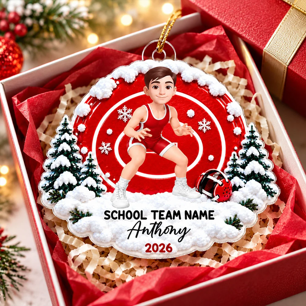 Personalized Acrylic Ornament, Young Wrestler in Action on a Snowy Mat, Unique Christmas Gift for Kids