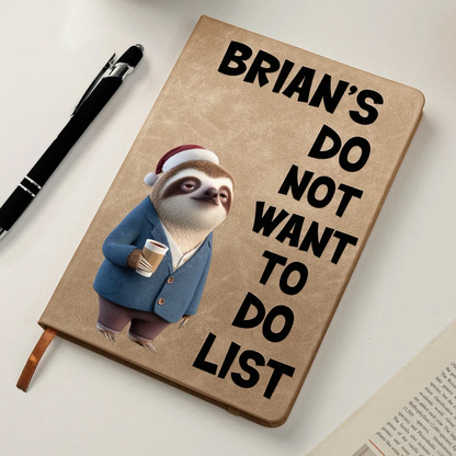Personalized Leather Journal with Sleepy Sloth Holding Papers, Relatable Humor, Unique Gift for Coworkers
