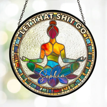 Personalized Glass Suncatcher Ornament, Meditating Woman Lotus Pose, Colorful Window Decor, Unique Gift