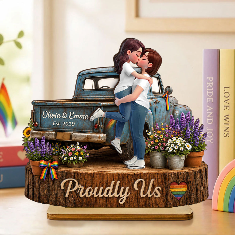 Personalized LGBT Couple 2-Layer Wooden Plaque, Kissing Pickup Truck Art, Proudly Us Creative Gift