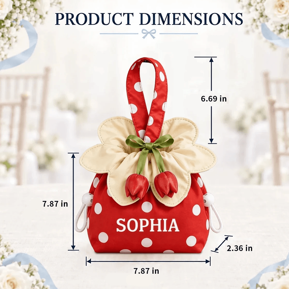Personalized Embroidered Flower Drawstring Bag, Custom Name Polka Dot Pouch in Multiple Colors, Christmas Keepsake Gift