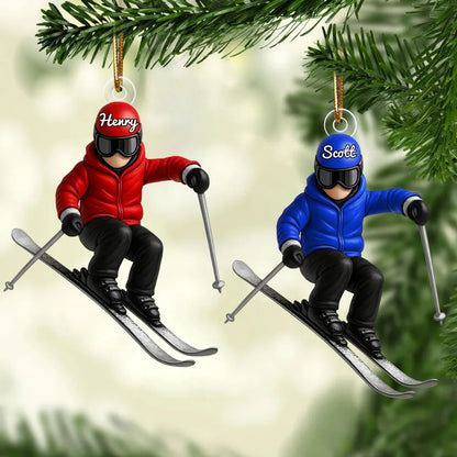 Personalized Skier Acrylic Ornament, Custom Name Winter Skiing Scene, Unique Christmas Tree Gift For Ski Lovers
