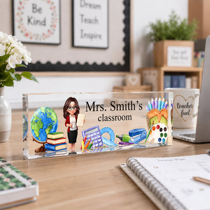 Custom Rectangle Acrylic Block Plaque with Standing Teacher Art, Creative Back to School Gift for Teacher
