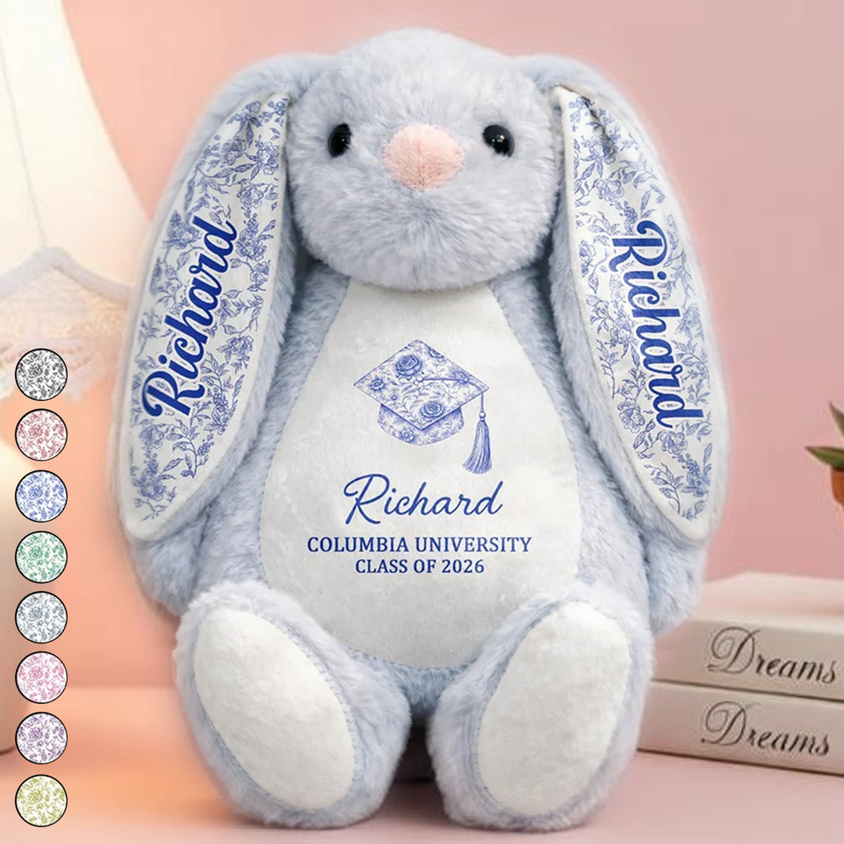 Custom Plush Bunny for Graduation, Cute Sitting Bunny with Floral Ears, Creative Gift Full of Pride