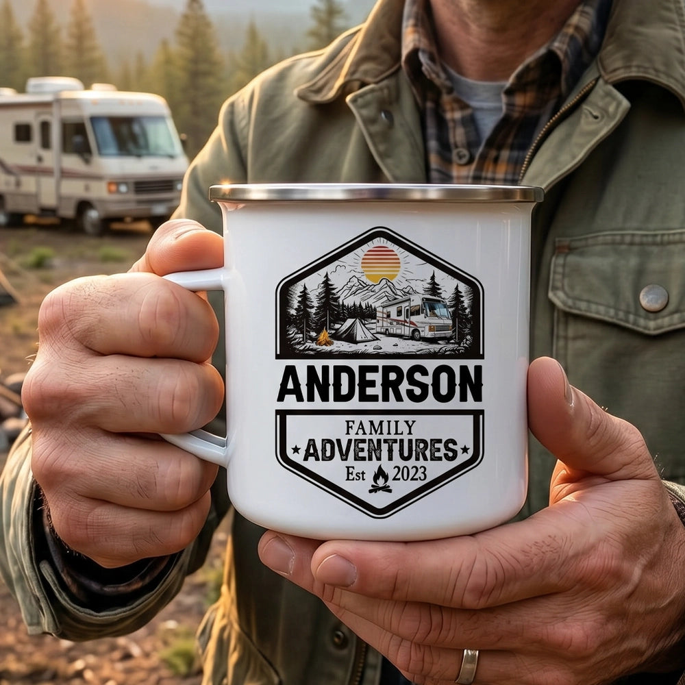 Personalized Enamel Mug with Mountain Camping Badge Design for Family Adventures, Unique Outdoor Gift for Travel Lovers