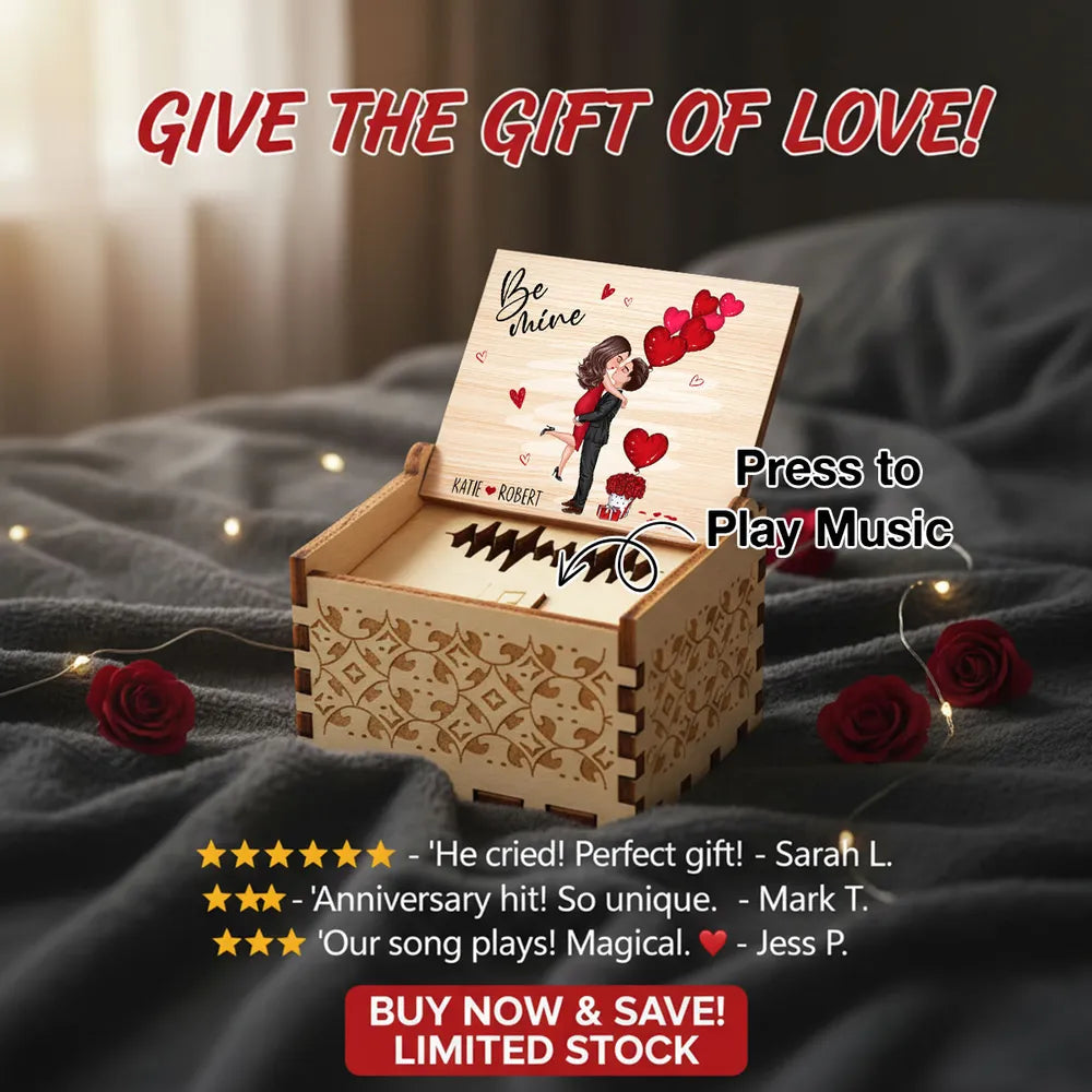 Personalized Wooden Music Box with Kissing Couple & Hearts Romantic Unique Gift for Him or Her