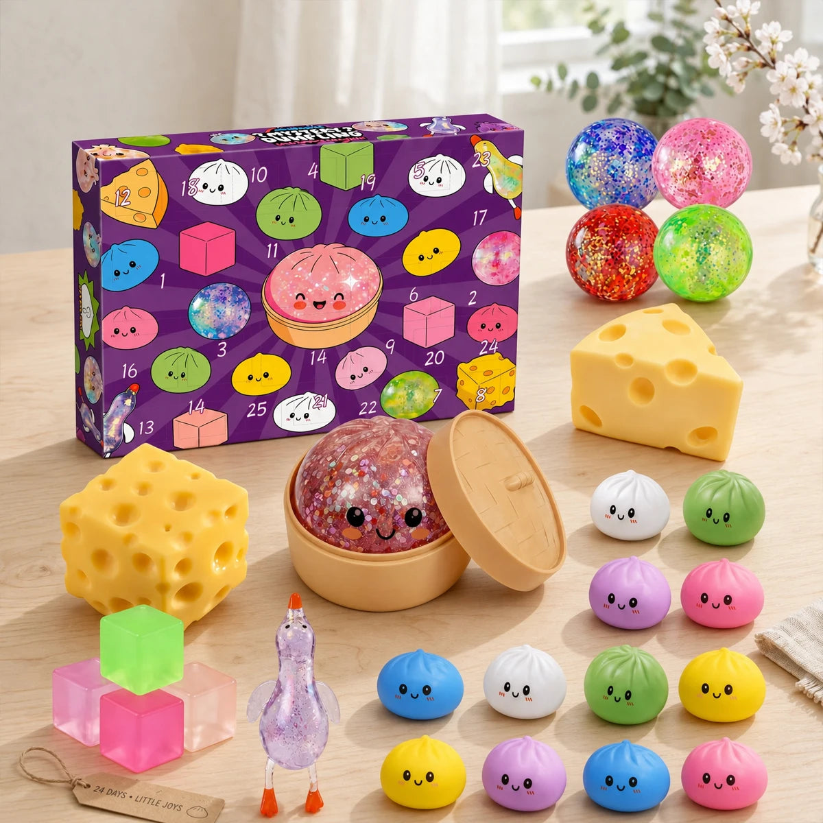 Squishy Advent Calendar Set, Cute Colorful Toys, Unique Christmas Gift for Kids and Friends