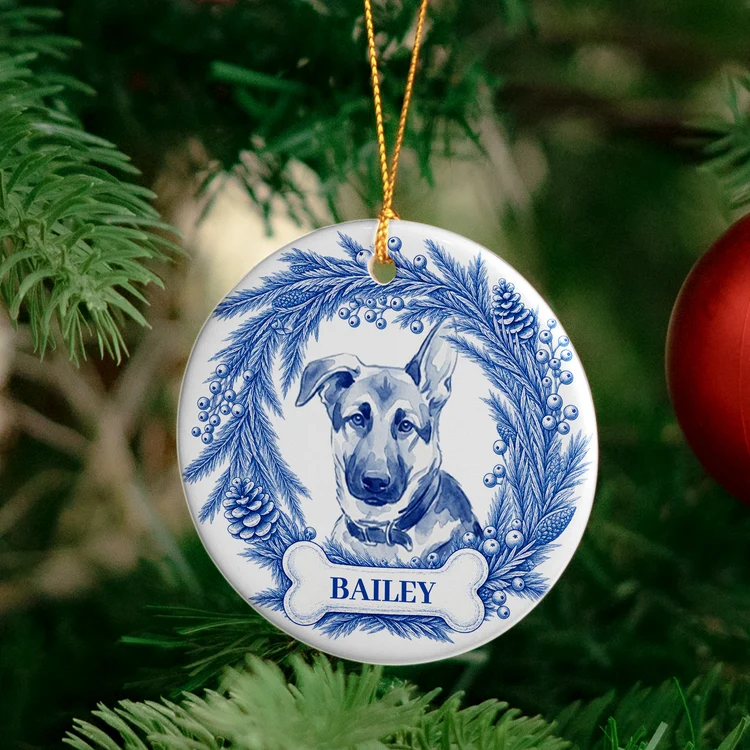 Personalized Ceramic Ornament, Blue Watercolor Dog Portrait in Winter Pine Wreath, Unique Christmas Gift for Pet Owners