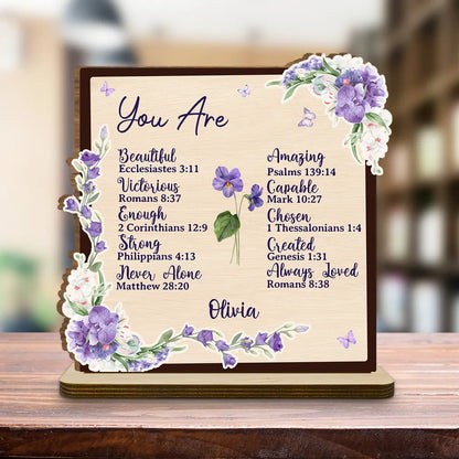2-Layer Wooden Plaque Personalized with Encouraging Bible Verses and Purple Florals, Heartfelt Gift for Daughter or Friend