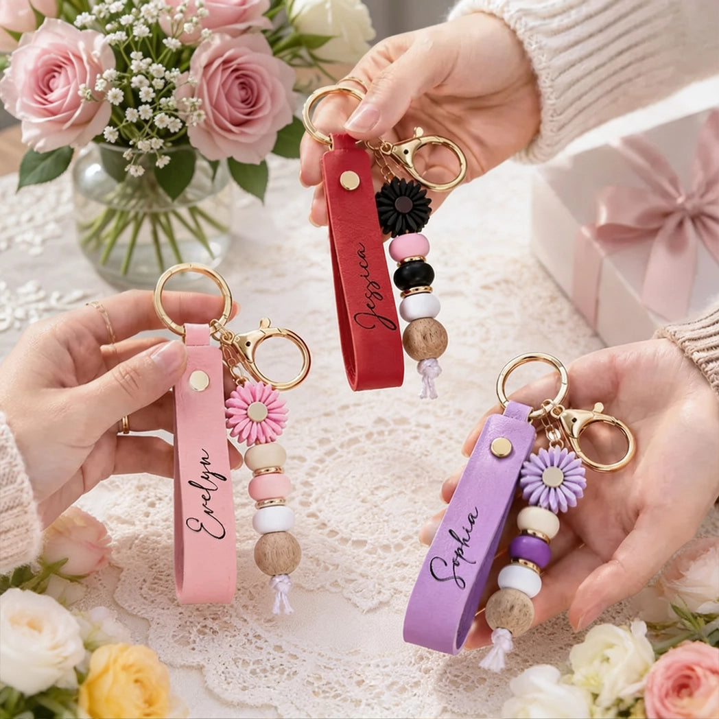 Personalized PU Leather Daisy Keychain, Pastel Beaded Style for Girls, Creative Gift for Friend