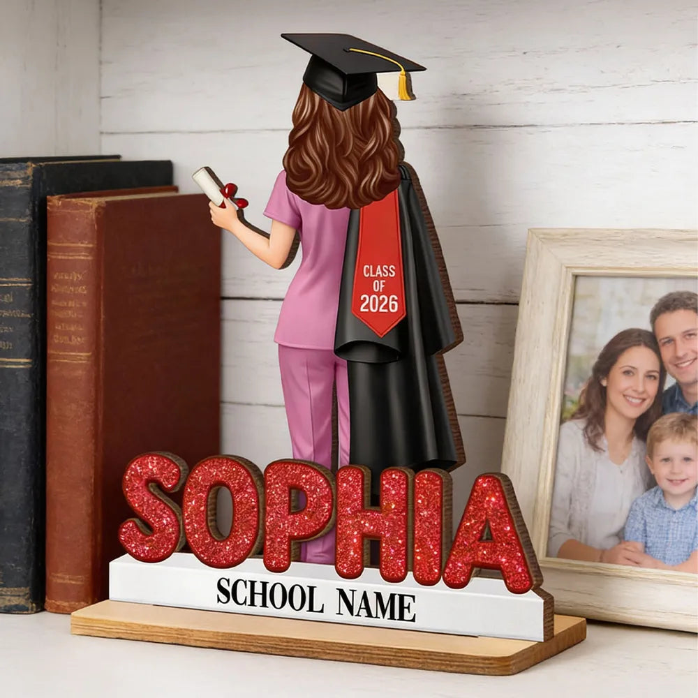 Custom 2-Layer Wooden Plaque Graduation Keepsake, Nurse Cap and Diploma Scene, Heartfelt Gift for Daughter or Son