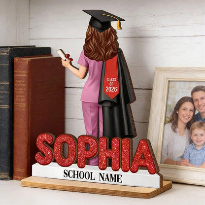Custom 2-Layer Wooden Plaque Graduation Keepsake, Nurse Cap and Diploma Scene, Heartfelt Gift for Daughter or Son