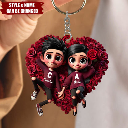 Romantic Rose Heart Couple Keychain - Personalized Valentine's Day Gift