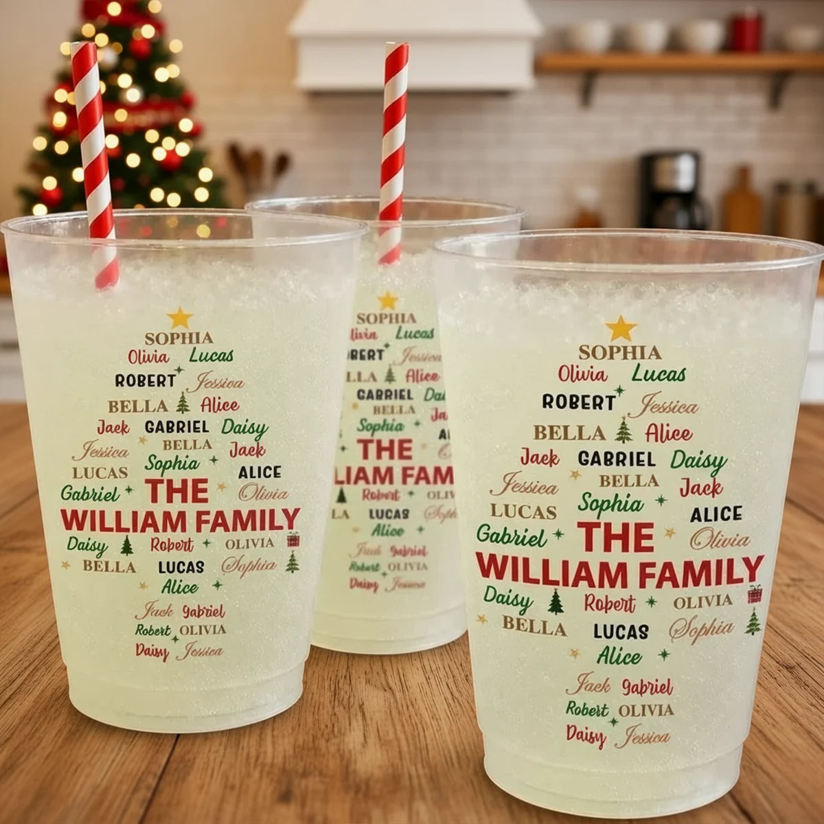 Personalized Frosted Plastic Cup, Family Name Tree for a Festive Table, Unique Gift for Family