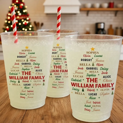 Personalized Frosted Plastic Cup, Family Name Tree for a Festive Table, Unique Gift for Family