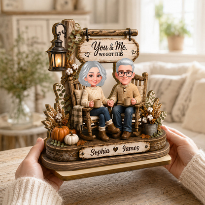 Personalized 2-Layer Wooden Plaque, Couple Holding Hands in Rocking Chairs, Unique Anniversary Gift