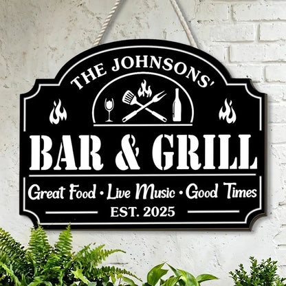 Personalized Wooden Sign with Flame & Grill Tools, Unique Gift for Backyard Bar Hosts