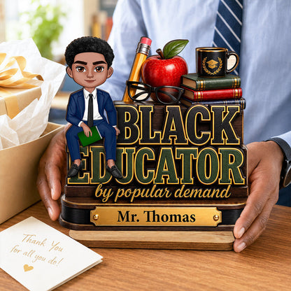 Personalized Black Educator 2-Layer Wooden Plaque with Seated Teacher Art, Creative Gift for Classroom Pride