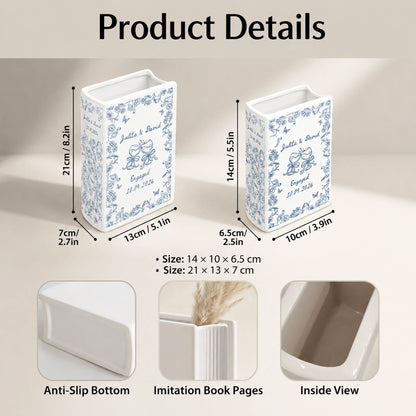 Personalized Ceramic Book Vase with Names & Date, Romantic Engagement Gift for Couples, Custom Love Keepsake