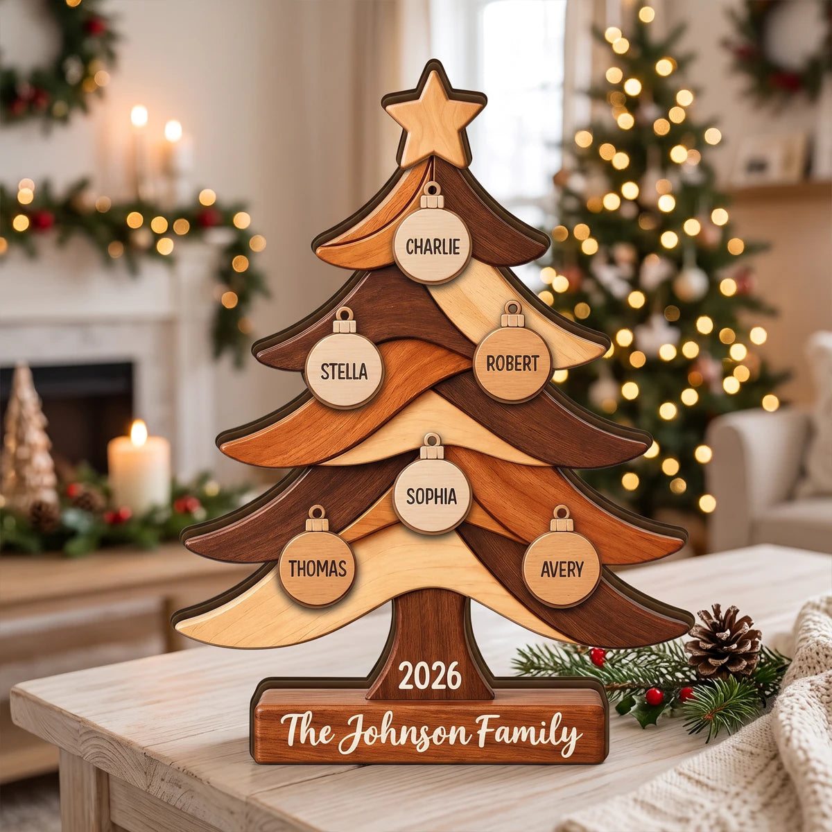 Personalized Thick Wooden Plaque, Warm Christmas Tree Keepsake, Unique Gift for Family