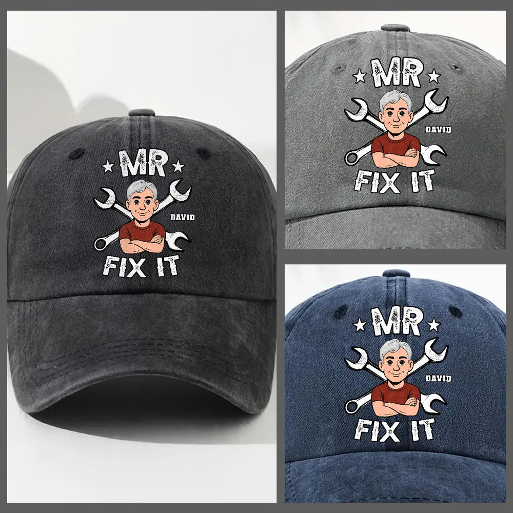 Washed Denim Baseball Cap Personalized for the One Who Can Fix It, Relaxed Vintage Style for Outdoor Wear, Thoughtful Gift
