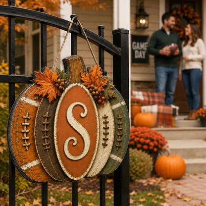Personalized Wooden Sign, Autumn Pumpkin Door Accent, Creative Gift for Family and Football Fans