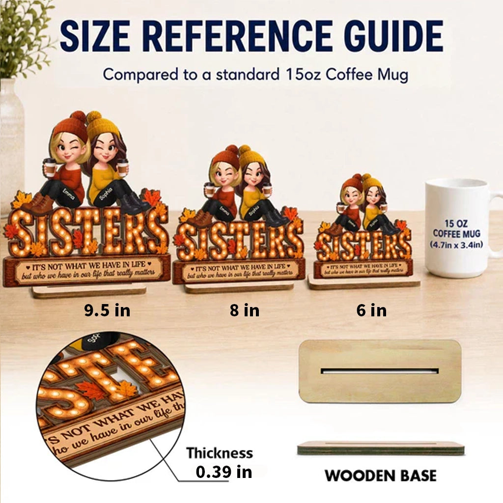 Personalized 2-Layer Wooden Plaque, Fall Besties Cartoon Coffee Scene, Unique Gift for Sister or Friend