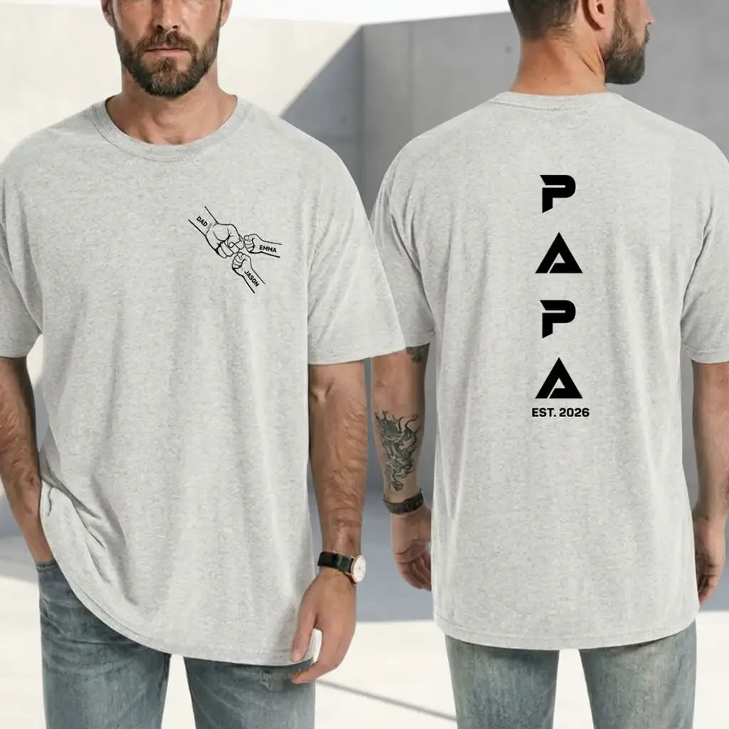 Personalized Dual Print Classic Tee for Dad, Fist Bump Line Art Papa Shirt, Unique Father's Day Gift