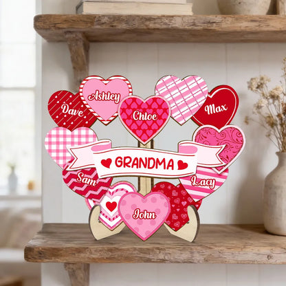 2-Layer Wooden Plaque with Pink Heart Bouquet and Grandma Banner, Personalized Grandkids Names, Heartfelt Gift