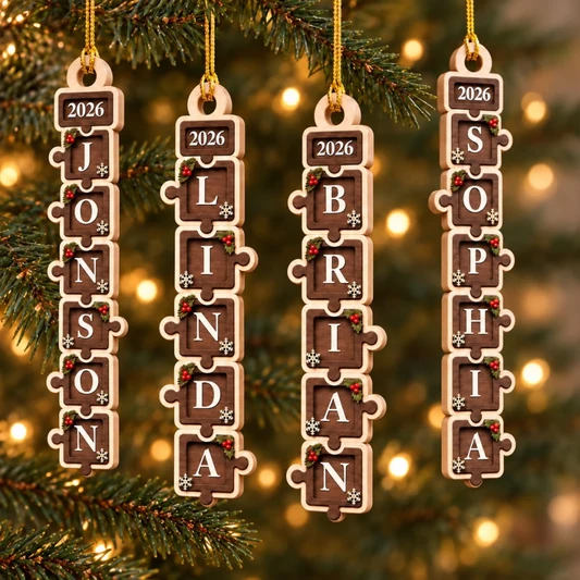 Personalized Wooden Ornament, Rustic Stacked Letter Design for Christmas Tree Decor, Unique Family Gift