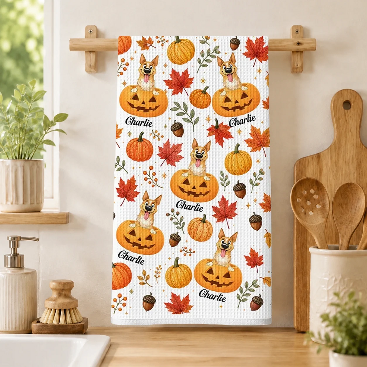 Dog Peeking from Pumpkin Kitchen Towel, Personalized Fall Decor, Heartwarming Creative Gift for Pet Owners