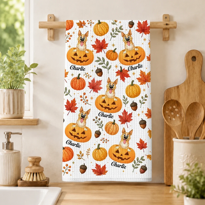 Dog Peeking from Pumpkin Kitchen Towel, Personalized Fall Decor, Heartwarming Creative Gift for Pet Owners